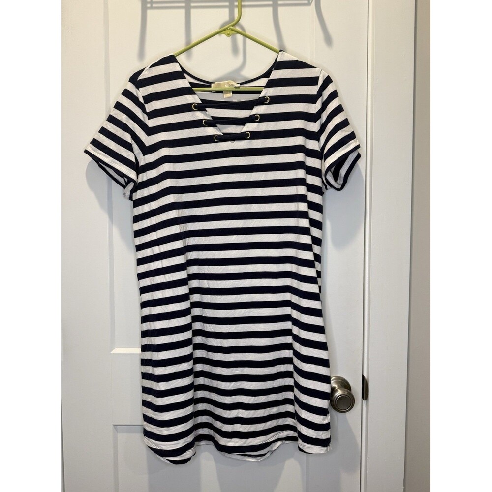 MICHAEL KORS Nautical Women’s 1X Blue & White Striped Dress Short Sleeve V Neck